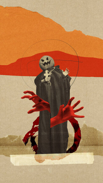 Terrifying figure with pumpkin head, draped in monk cloak with red hands emerging in the background. Contemporary art. Concept of Halloween, spooky season. Postcard, poster template. Retro style