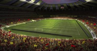 Tribünleri destekleyen bir grup insan, tribünlerdeki taraftarlar, karanlık gökyüzünün altında futbol maçı izliyorlar. Hareket etmeyi, animasyonu durdurun. Üç boyutlu stadyum. Spor, rekabet, turnuva, oyun, etkinlik kavramı