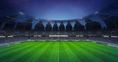 Futbol sahası çimenlik ve oyun sahası manzaralı bulanık taraftarlar. 3 boyutlu görüntüleme. El fenerleri. Hareket etmeyi, animasyonu durdurun. Üç boyutlu stadyum. Spor, rekabet, turnuva, oyun, etkinlik kavramı
