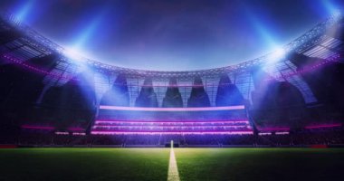 3D render futbol, bulanık tribünleri olan futbol stadyumu, neon ışıklı boş arena. Açık hava maçı. Hareket etmeyi, animasyonu durdurun. Spor, rekabet, turnuva, oyun, etkinlik kavramı