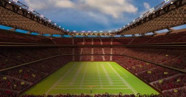 Amerikan futbol stadyumunun 3 boyutlu görüntüsü. Sarı kale direği, çim sahası ve bulanık taraftarları var. Hava görüntüsü. Hareket etmeyi, animasyonu durdurun. Üç boyutlu stadyum. Spor, rekabet, turnuva, oyun, etkinlik konsepti
