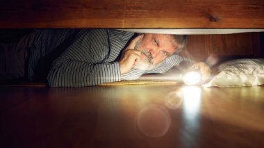 Düşünceli ve duygusal bir son sınıf öğrencisi yatak odasında yerde uzanıyor, el feneriyle yatağın altına bakıyor, kayıp eşyayı arıyor. İnsani duygu kavramı, yaş