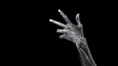 Şaka mı şeker mi oyunu mu? İskelet olarak boyanmış insan eli siyah arka planda. Cadılar Bayramı teması, tatil. İlan için alanı kopyala