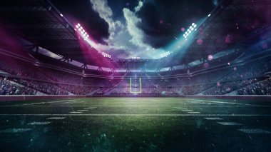 Açık hava Amerikan futbol stadyumu parlak mavi ve mor ışıklarla dolu fan stantları ve sarı kale direkli futbol sahası. 3 boyutlu görüntüleme. Spor, turnuva, şampiyonluk, oyun, etkinlik konsepti
