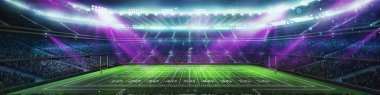 3D Amerikan futbol stadyumunun parlak mor ışıkları, saha çizgileri ve kale direği olan boş bir futbol sahası. Akşam maçı. Spor, turnuva, şampiyonluk, oyun, etkinlik kavramı