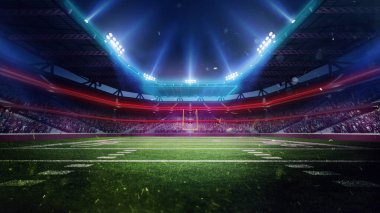 3D aydınlık Amerikan futbol stadyumunun kalabalık ve içi boş futbol sahası. Spor, turnuva, şampiyonluk, oyun, etkinlik kavramı