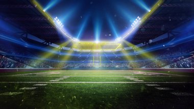 3D aydınlık Amerikan futbol stadyumunun mavi ve sarı ışıklarıyla dolu pervane stantları ve boş futbol arenası. Açık havada akşam maçı. Spor, turnuva, şampiyonluk, oyun, etkinlik