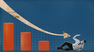 Grafik düşüşü ekonomik krizleri, finansal krizi ve iş hayatındaki zorlukları sembolize ediyor. Çağdaş sanat kolajı. İş kavramı, ilerleme, inişler ve çıkışlar, başarısızlık