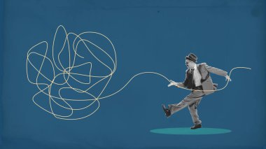 Takım elbiseli adam karmaşık ipleri tutuyor, karmaşık karışıklıkları sembolize ediyor, problem çözme ve analitik düşünme metaforu. Çağdaş sanat kolajı. İş kavramı, ilerleme