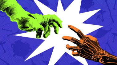 İki mumya ve iskelet el beyaz konuşma baloncuğu elementine uzanıyor. Yaratıcı kolaj. Cadılar Bayramı konsepti, ürkütücü sezon. Reklam, duyuru, afiş, poster şablonu