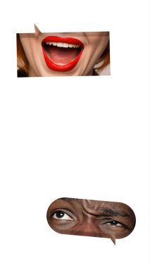 Collage. Speech bubbles with female mouth laughing and male eyes looking isolated on white background. Concept of human emotions. Banner, poster template clipart