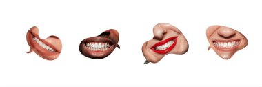 Collage. Speech bubbles with four mouths, each with different smile and skin tone, cut out of paper and arranged in a row. Concept of human emotions. Banner, poster template clipart