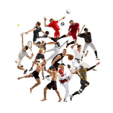 Yaratıcı kolaj. Atletik gençler, hareket halindeki erkekler ve kadınlar, beyaz arka planda izole edilmiş farklı sporlar yapıyorlar. Spor anlayışı, aktif yaşam tarzı, dinamik.