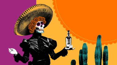 Meksika 'daki Dia de los Muertos kutlamasını sembolize eden, canlı kaktüslere karşı elinde bir şişe tekila tutan, sombrero ve kadife çiçekleriyle süslenmiş kadın kafatası..