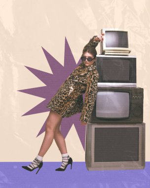 Stylish woman in leopard print coat, leaning against stack of retro TVs. Bold 90s look, blending style with retro tech. Contemporary art collage. Concept of y2k art, generation, youth culture, fashion clipart