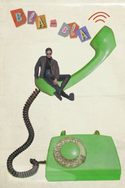 Stylish young woman sitting on giant green phone, combining oversized objects with retro communication tech. Contemporary art collage. Concept of y2k art, generation, youth culture, fashion clipart