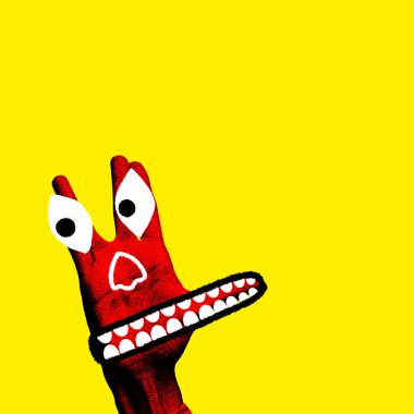 Kırmızı el, geniş gözleri ve parlak sarı arka planda büyük dişli ağzı olan duygusal bir karakter oluşturuyor. Çağdaş sanat kolajı. Yaratıcılık kavramı, hayal gücü ve hayal gücü, duygular