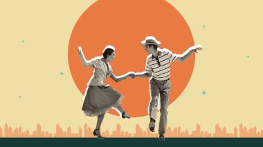 Joy of Lindy Hop. Happy young man and woman in retro costumes cheerfully dancing on light yellow background with abstract sun and city skyline. Concept of retro aesthetic, vintage dance, nostalgia clipart