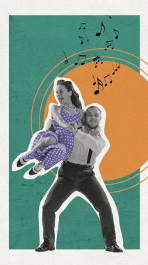 Genç bir çift, erkek ve kadın enerjik bir şekilde müzik notalarıyla soyut turuncu ve deniz mavisi arka planda dans ediyorlar. Retro estetik anlayışı, klasik dans, nostalji. Çağdaş sanat kolajı.