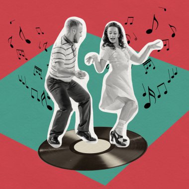 50 'lerden kalma bir nostalji. Kırmızı deniz mavisi arkaplanında müzik notalarıyla dans eden zarif, neşeli bir kadın ve erkek. Çağdaş sanat kolajı. Retro estetik kavramı, klasik dans, nostalji.