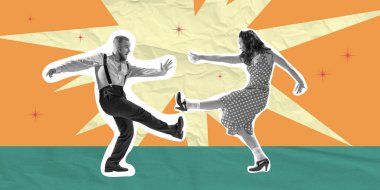 Geçmişe dönük partilerin hareketli atmosferi soyut arka planda enerjik bir şekilde dans eden genç erkek ve kadın. Çağdaş sanat kolajı. Retro estetik kavramı, klasik dans, nostalji.