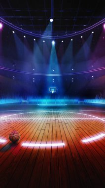 Canlı neon ışıklarıyla basketbol sahası. Aydınlatılmış sahanın merkezinde tek bir basketbol topu duruyor. Stadyumun 3 boyutlu görüntüsü. Profesyonel spor, turnuva ve rekabet kavramı. Dikey resim