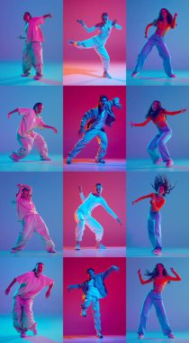 Dikey kolaj. Genç insanların dinamik görüntüleri, hareket halindeki kadın ve erkekleri neon ışıkta hip hop ile dans ettiriyor. Çağdaş dans stilleri, gençlik, moda kavramı