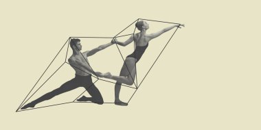 Zarif bir çift, kadın ve erkek, geometrik soyut elementle pastel arka planda tutkulu bir şekilde bale yapıyorlar. Çağdaş sanat. Bale kavramı, minimalizm, zarif hareket, temiz tasarım