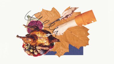 Şükran Günü hindisi oyan eller, sonbahar yaprakları, incirler ve fındıklarla çevrili. Modern, yaratıcı kıvrımlı Şükran Günü gelenekleri. Çağdaş sanat kolajı. Şükran Günü kavramı, tatil.