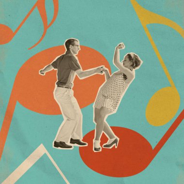 Canlı swing dansından hoşlanan çiftin klasik bir görüntüsü. Filmin ortasında çekildi. Canlı renkler ve eski tarz 1950 'lerin dans kültürünü çağrıştırıyor. Retro estetik kavramı, klasik dans, nostalji.