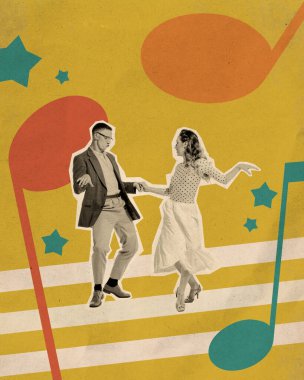 Zarif bir çift, erkek ve kadın retro dans gösterisi yapıyorlar, eski tarz giyinmiş bir çift var. Çağdaş sanat kolajı. Retro estetik kavramı, klasik dans, nostalji.