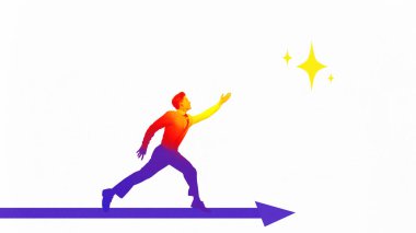 Yolun sonunda parlayan bir yıldıza uzanan iş adamı, iş dünyasındaki hırsı, başarıyı ve vizyon sahibi hedefleri sembolize ediyor. Çağdaş sanat kolajı. İş kavramı, başarı