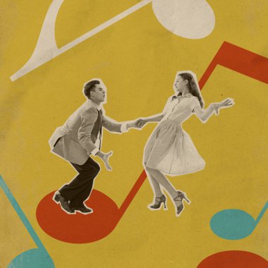 Dans sırasında salıncakta yakalanan zarif genç çift. Sıcak, canlı arka plan ve dönem kıyafetleri 1950 'lerin estetiğini yansıtıyor. Yaratıcı sanat. Retro estetik kavramı, klasik dans, nostalji.