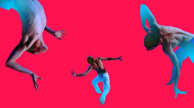 Flexible male dancers performing intense choreography against striking pink background. Contemporary art collage. Concept of modern dance, freestyle, experimental, youth culture, dynamics clipart