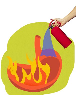 Illustration of stomach with fire extinguisher, symbolizing acid reflux and stomach treatment for heartburn relief. Concept of health care, medicine, illness treatment. Contemporary art collage. clipart