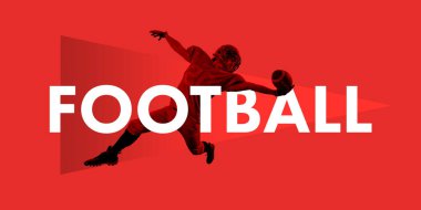 Kararlı bir sporcu, Amerikalı futbolcu parlak kırmızı arka planda net ve odaklanmış bir şekilde topu atıyor. Yaratıcı kolaj. Spor, oyun, aksiyon, rekabet kavramı. Pankart, poster, reklam