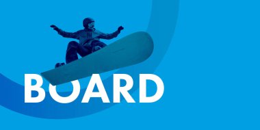 Tam teçhizatlı, miğferli ve gözlüklü snowboard sporu yapan mavi arka planlı, kışın ekstrem sporları olan bir adam. Yaratıcı renkli kolaj. Spor, oyun, aksiyon, rekabet kavramı. Pankart, poster, reklam