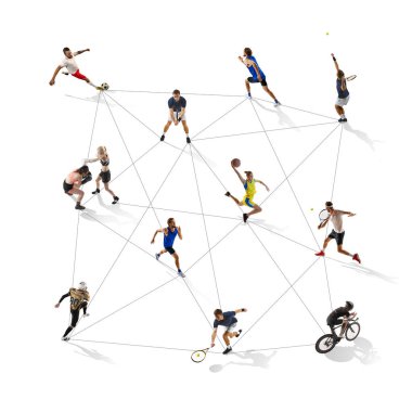 Üst Manzara. Bir grup farklı sporcu çeşitli sporlar yapıyor, çizgilerle, takım çalışmasıyla ve sporda birbirleriyle bağlantılı. Futbol, basketbol, tenis, boks ve bisiklet. Spor anlayışı, reklam