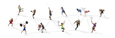 Farklı spor dallarında faaliyet gösteren sporcuların yüksek açılı görüntüsü, ağı temsil eden çizgilerle birbirine bağlı. Halter, tenis, futbol, boks, basketbol. Spor anlayışı, rekabet, reklam