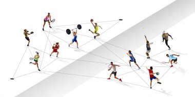 Üst Manzara. Çizgilerle bağlantılı bir spor ağına katılan sporcular. Tenis, halter, hentbol, Amerikan futbolu. Erkekler ve kadınlar rakip olarak. Spor anlayışı, rekabet, reklam
