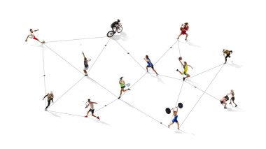 Ağa bağlı sporcuların çeşitli spor, futbol, tenis, basketbol ve bisiklet gösterilerini gösteren basit, hava kompozisyonu. Çizgilerle bağlantılı. Spor anlayışı, rekabet, reklam