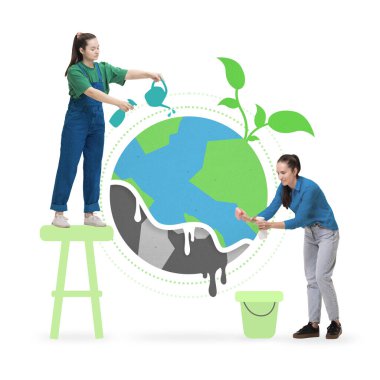 Two young women cleaning and watering the Earth to highlight ecological protection. Conceptual art collage. Concept of environmental care, green technology, sustainability, nature protection. clipart