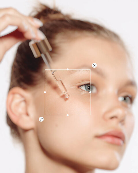 Close-up of young girl applying skincare serum with dropper, highlighting natural beauty and self-care. Moisturized, soft skin. Concept of natural, clean beauty, cosmetology, skincare