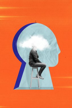 Man seating inside head silhouette, with his head replaced by cloud, symbolizing confusion and mental overload. Contemporary art collage. Concept of psychology, mental health, emotions clipart