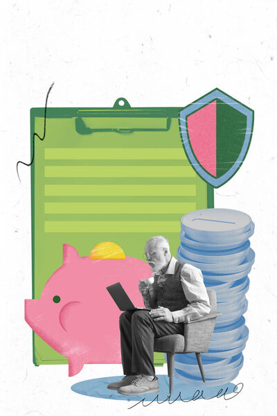 Elderly man sitting with laptop beside coins, piggy bank, and checklist, symbolizing active financial planning and management. Contemporary art collage. Concept of retirement programs, support, care