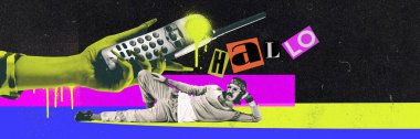 Large retro mobile phone and lounging man, with vibrant text elements and colorful backdrop. Concept of 90s aesthetic, nostalgia, technology. Retro-themed poster, ad. Banner clipart