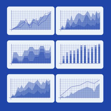 Satır ve alan çizelgeleri de dahil olmak üzere veri eğilimlerini gösteren mavi temalı finans grafikleri. İş büyümesi ve analitiği resmediyor. Ekonomi, finansal analiz ve büyüme kavramı