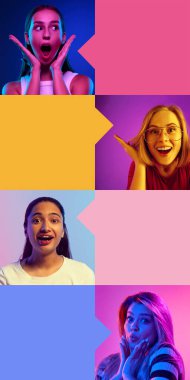 Farklı genç duygusal kadınlara dikey kolaj yaparak neon ışıkta çok renkli arka planda şaşkınlık ve mutluluk duygularını ifade ediyorlar. İnsan duyguları kavramı. İlan, metin için boşluk kopyala