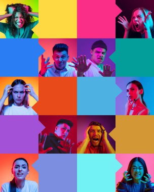 - Ne? Yanlış anlaşılma hissi. Kolaj. Farklı insanlar, hayal kırıklıklarını, şaşkınlıklarını ve şaşkınlıklarını ifade eden erkekler ve kadınlar. İnsani duygular, çeşitlilik kavramı. İlan, metin için boşluk kopyala