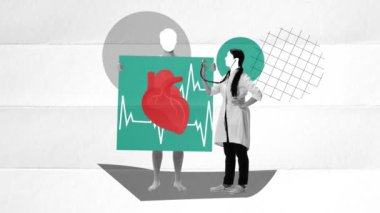 Doktor steteskopla erkek kalbini ölçüyor. Kalp atışı görüntüsü. Çağdaş sanat. Animasyon klibi. Tıp, sağlık, meslek, hastane, kardiyoloji, kalp hastalıkları tedavisi kavramı